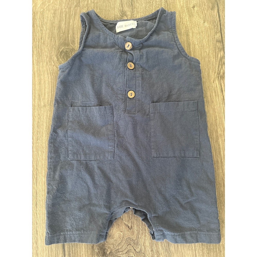 Babe Basics Blue Cotton Linen Henley Romper 12-18 Months Sleeveless Pockets